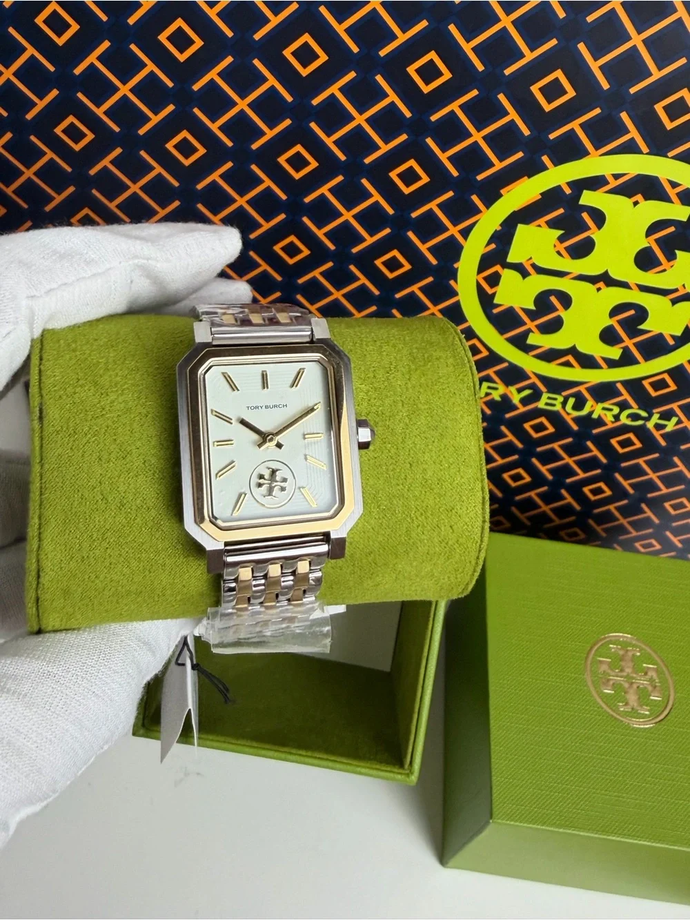 Tory Burch Two-Tone Rectangular Bracelet Watch - Gold and Silver